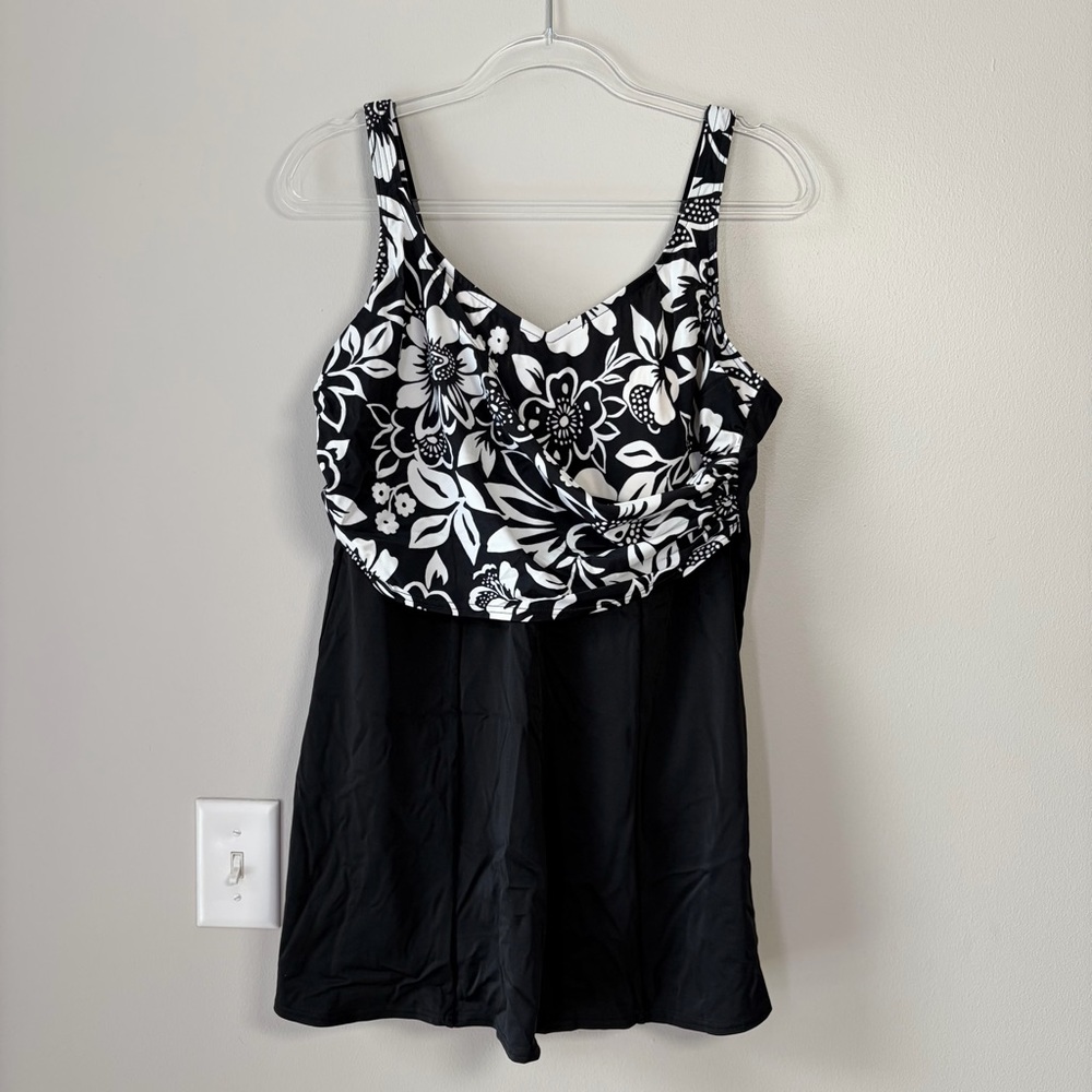 L.L. Bean Black Floral One-Piece Swim Dress